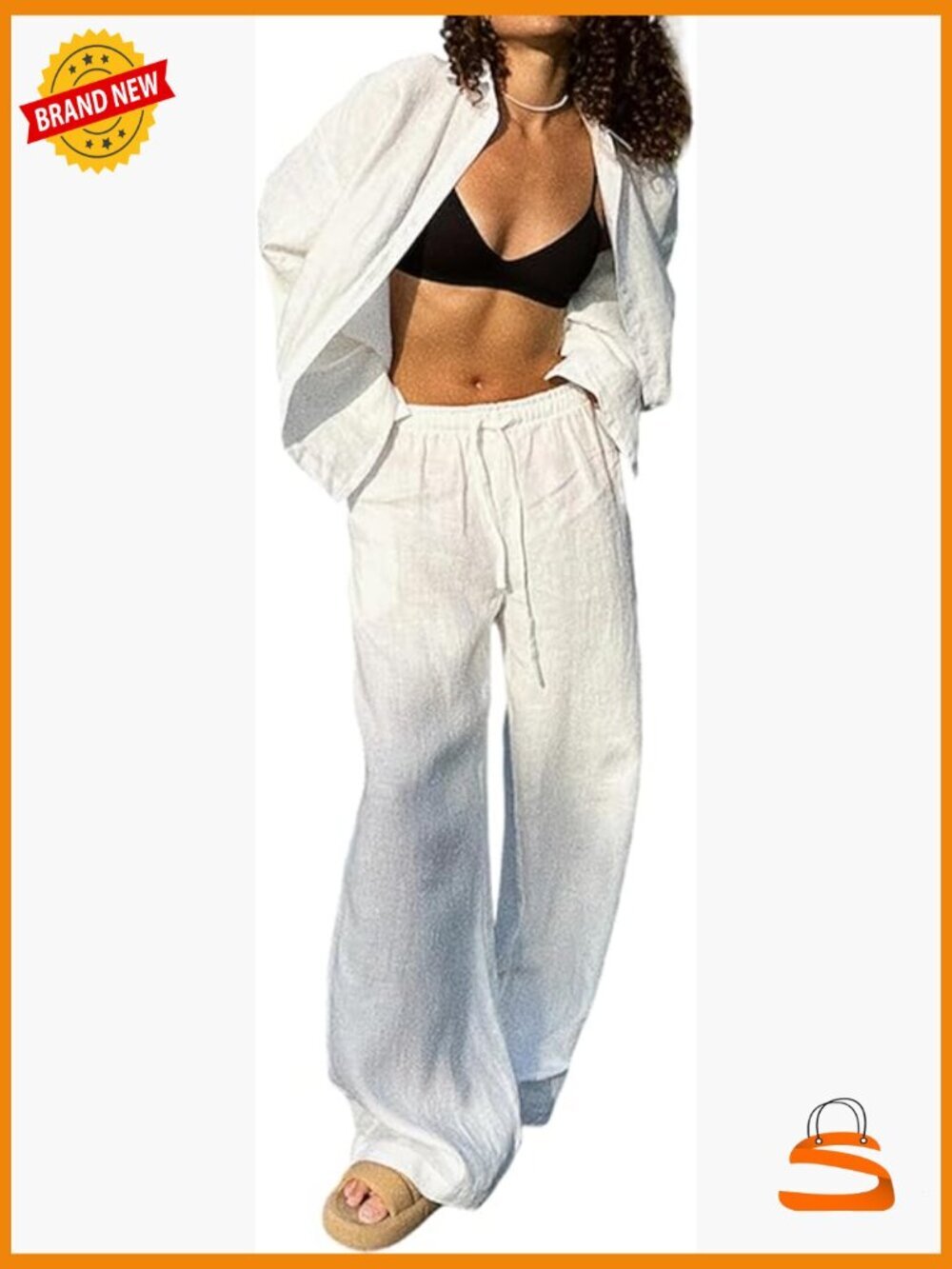 Womens 2 Piece Linen Sets Long Sleeve Button Down Shirt and Wide Leg Pants